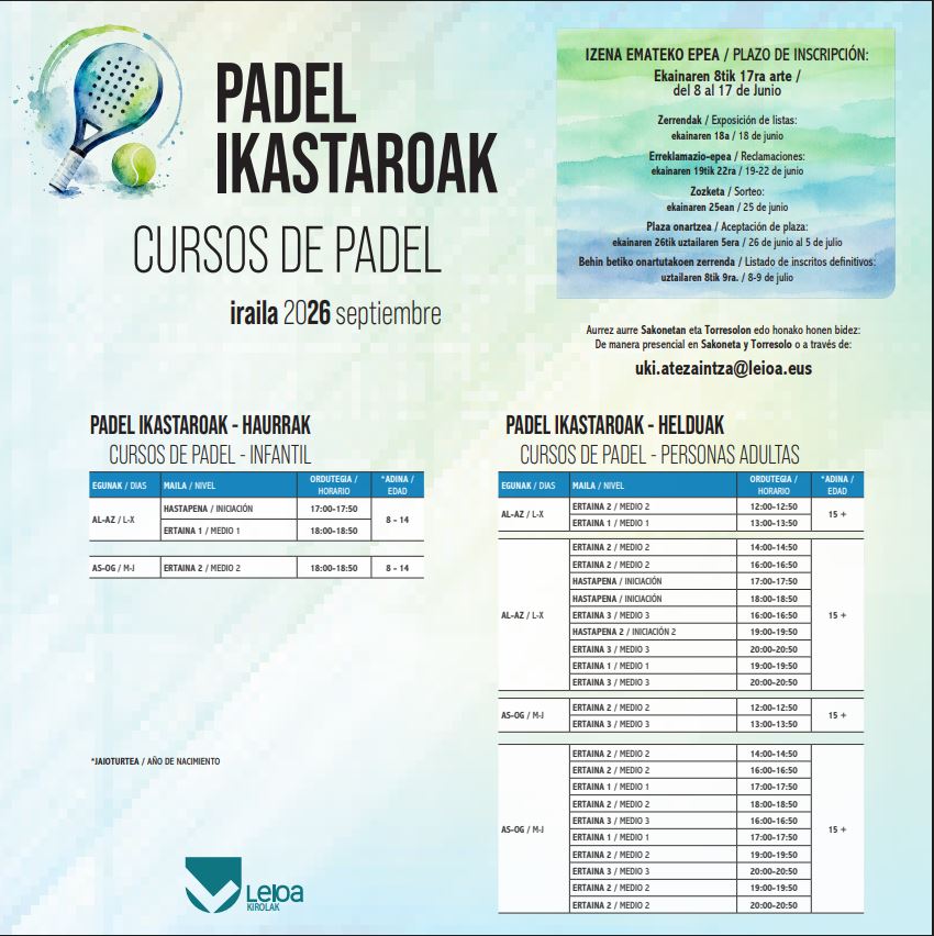 Cursos pádel de octubre a junio