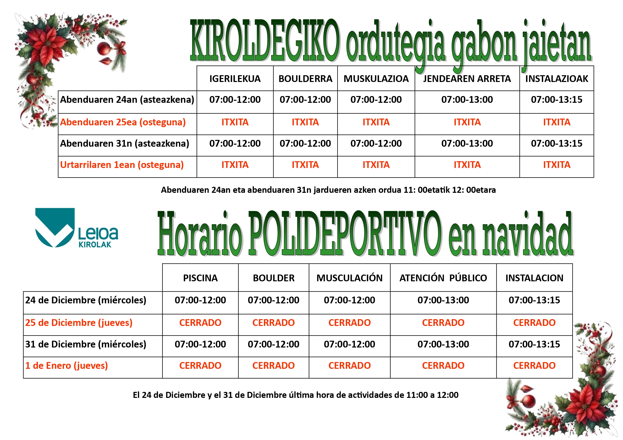 Horario Navidad Polideportivo