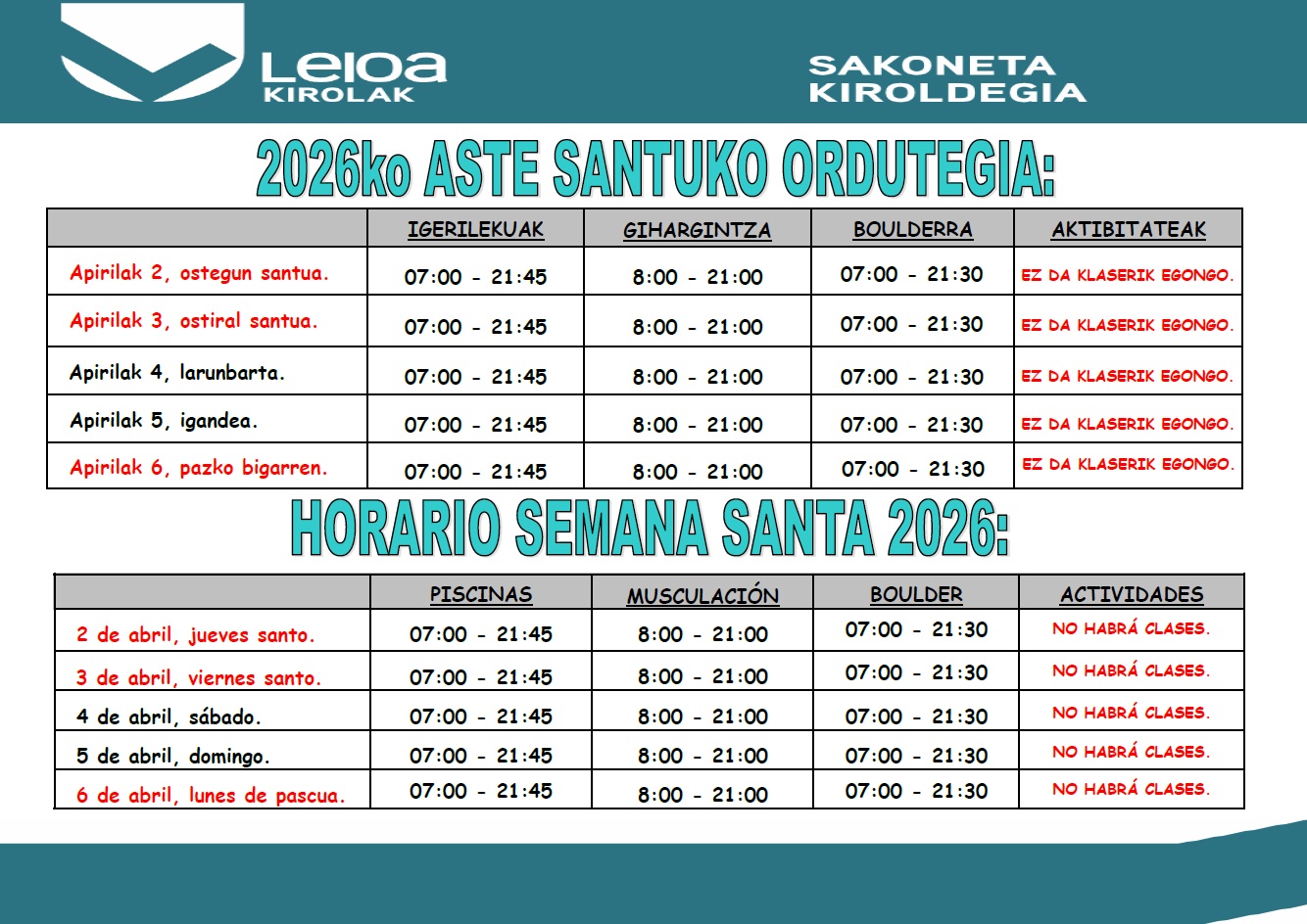 Horario Sakoneta Semana Santa 2026