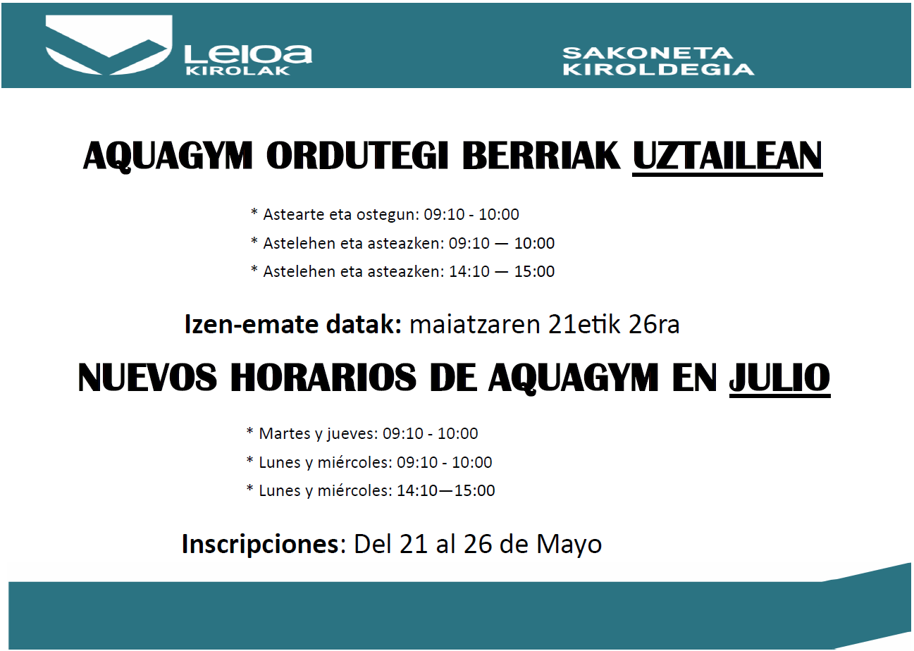 AQUAGYM ORDUTEGI BERRIAK UZTAILEAN