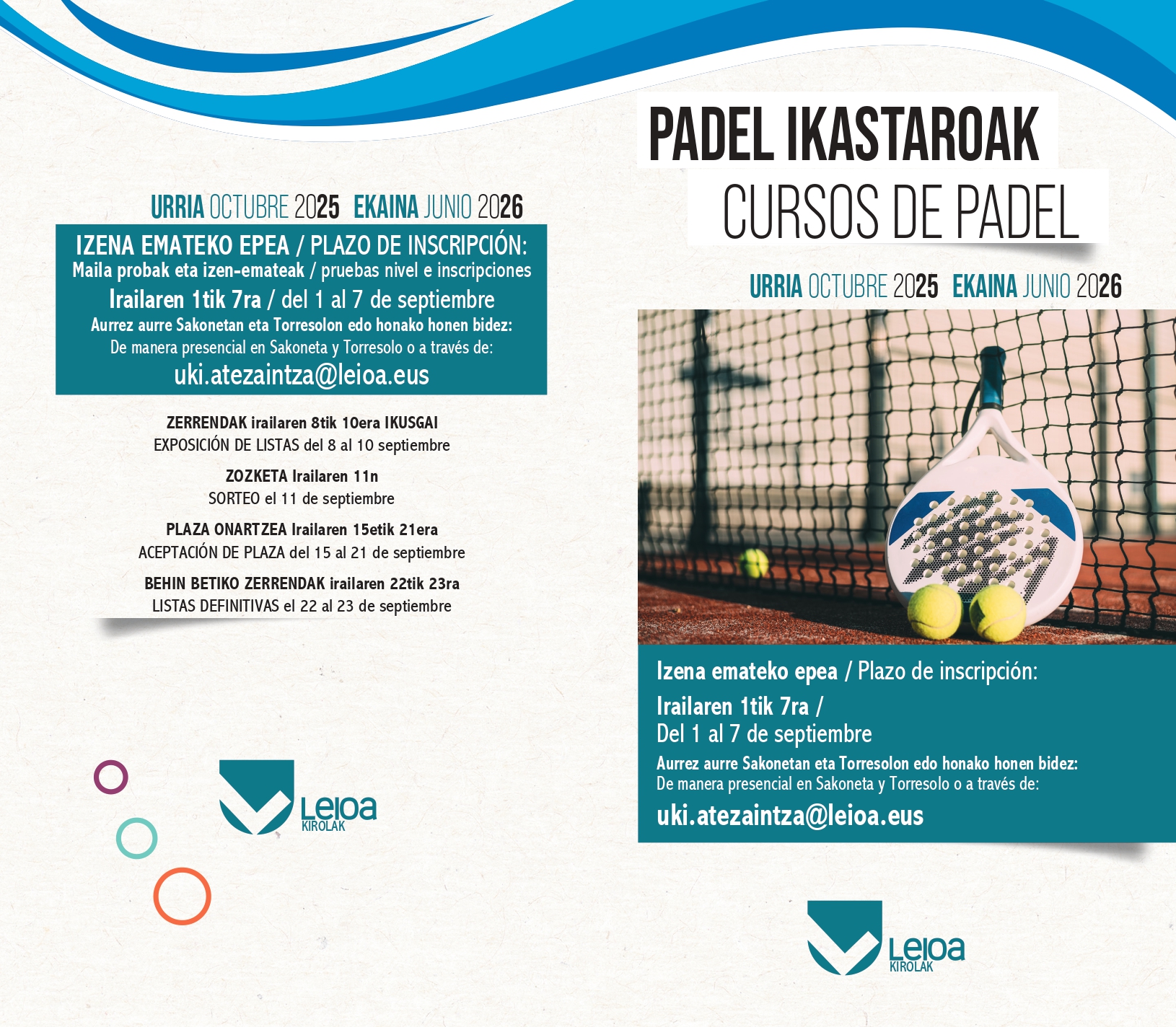 Cursos pádel de octubre a junio
